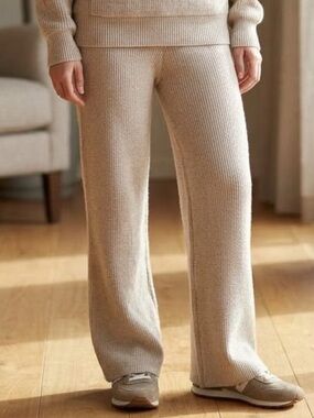 ⁠SHEIN Beige Ribbed Knit Wide Leg Lounge Pants Medium (EU 38 / US 6) NWOT⁠